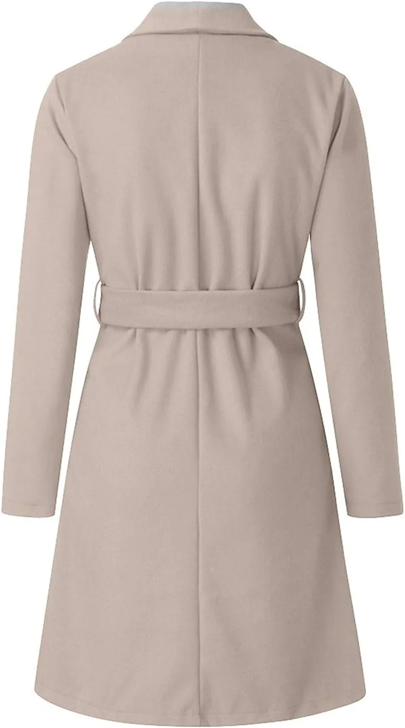 Women's Oversized Notched Collar Woolen Peacoat Trench Coat Casual Lapel Open Front Slim Fit Winter Blazer Cardigan Overcoat