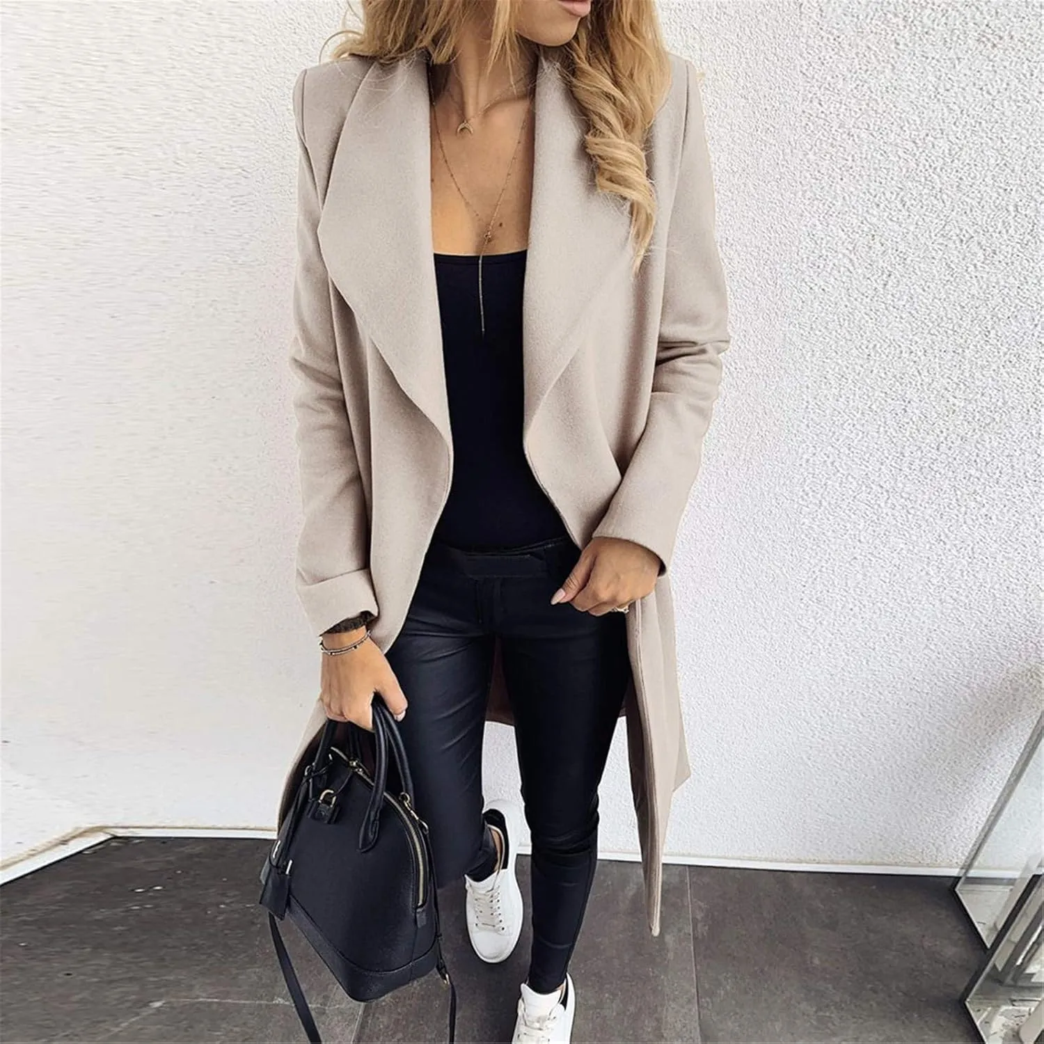 Women's Oversized Notched Collar Woolen Peacoat Trench Coat Casual Lapel Open Front Slim Fit Winter Blazer Cardigan Overcoat