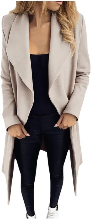 Women's Oversized Notched Collar Woolen Peacoat Trench Coat Casual Lapel Open Front Slim Fit Winter Blazer Cardigan Overcoat