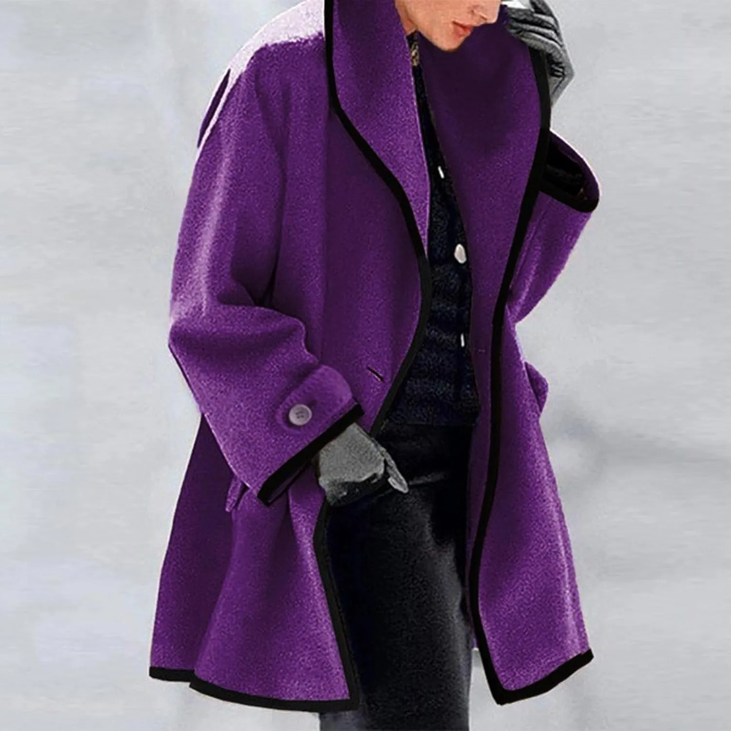 Womens Oversized Woolen Trench Coat Warm Winter Open Front Single Breasted Lapel Slim Fit Long Jacket Pea Coat Windbreaker