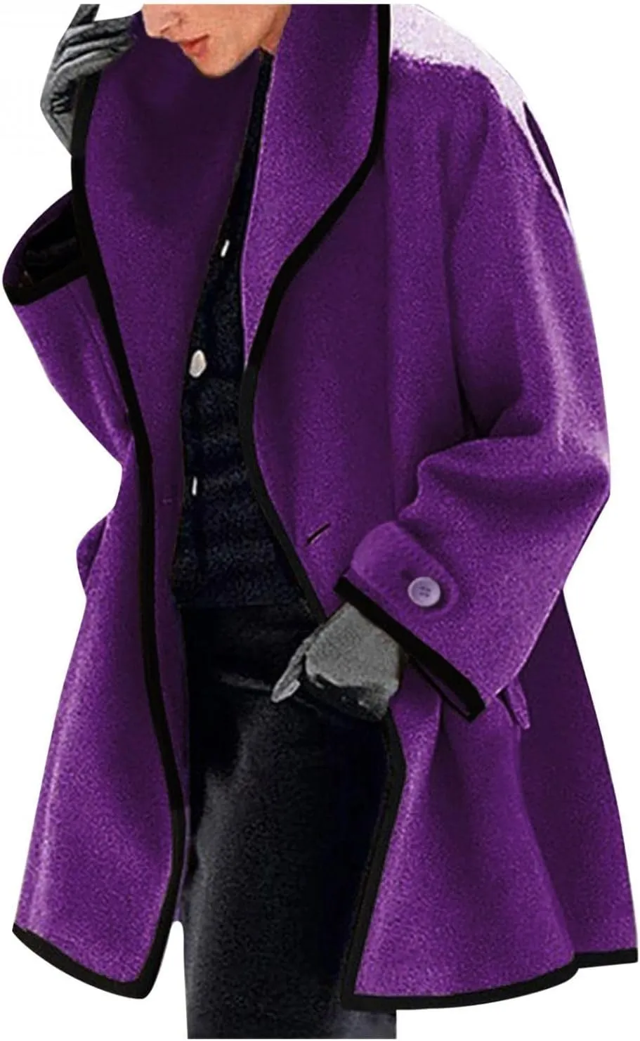 Womens Oversized Woolen Trench Coat Warm Winter Open Front Single Breasted Lapel Slim Fit Long Jacket Pea Coat Windbreaker