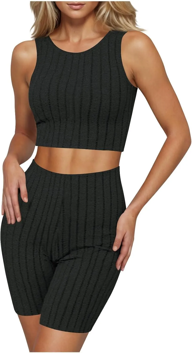 Womens Pajama Sets Ribbed Knit 2 Piece Lounge Set Summer Tank Crop Top and Shorts Sleepwear Cute PJ Set Loungewear