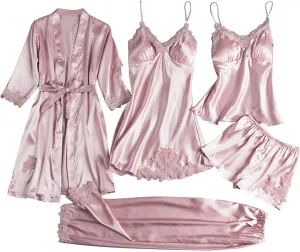 Women's Pajamas Set Soft Comfy Ice Silk Satin Cardigan Sleep Robe, Sling Nightgown, Camisole and Pjs Boyshort Suit