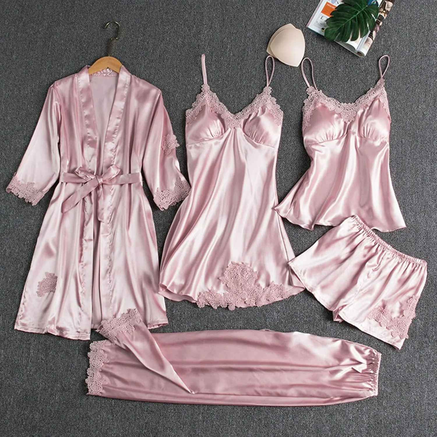Women's Pajamas Set Soft Comfy Ice Silk Satin Cardigan Sleep Robe, Sling Nightgown, Camisole and Pjs Boyshort Suit
