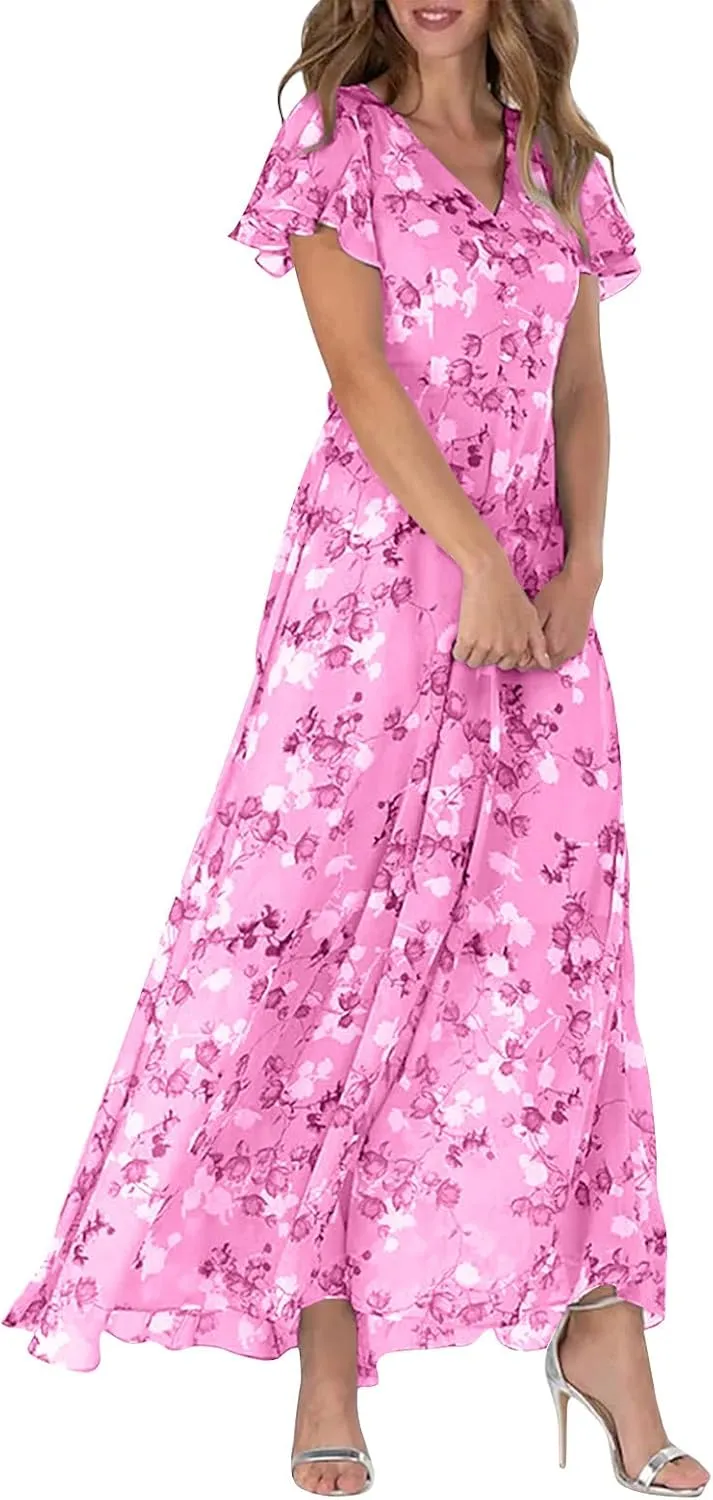 Womens Ruffle Sleeve Summer Dresses 2024 Elegant Chiffon Dresses Floral Wrap V Neck Maxi Dress Boho Beach Flowy Dress