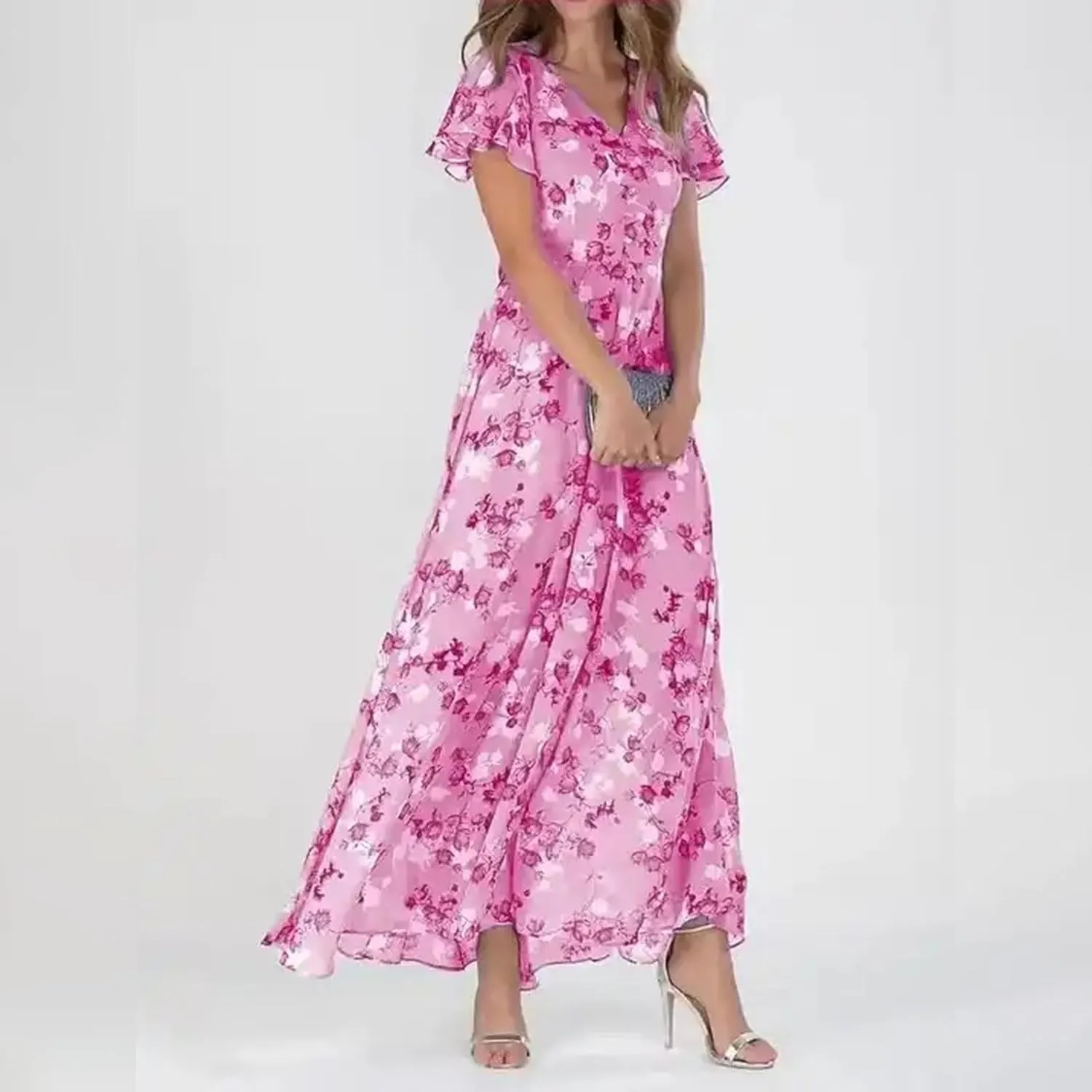 Womens Ruffle Sleeve Summer Dresses 2024 Elegant Chiffon Dresses Floral Wrap V Neck Maxi Dress Boho Beach Flowy Dress
