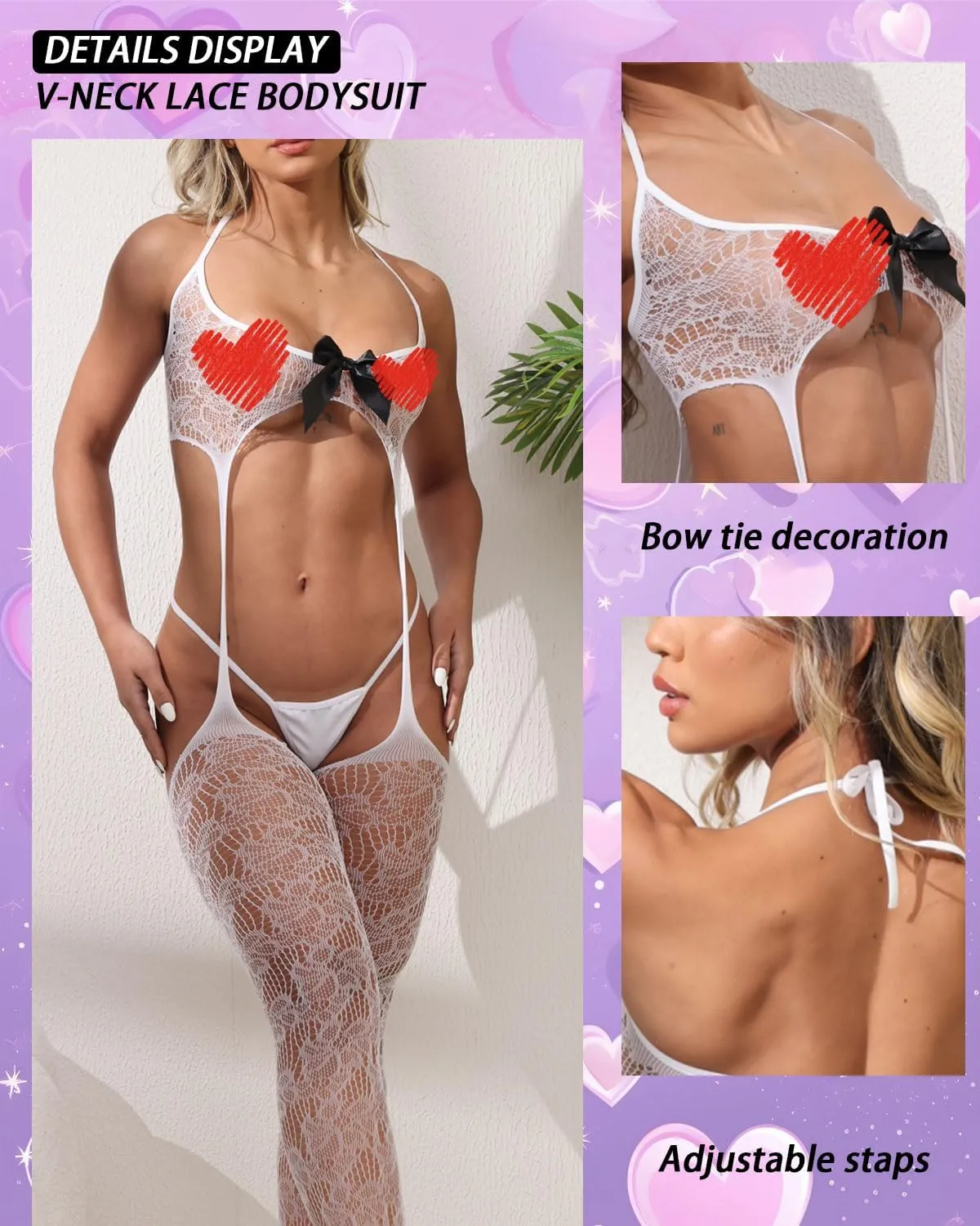 Women's Sexy Lingerie 3 Piece Lingerie Set with Garter Belt Stockings and Panty, Lace Crotchless Teddy Bodysuit