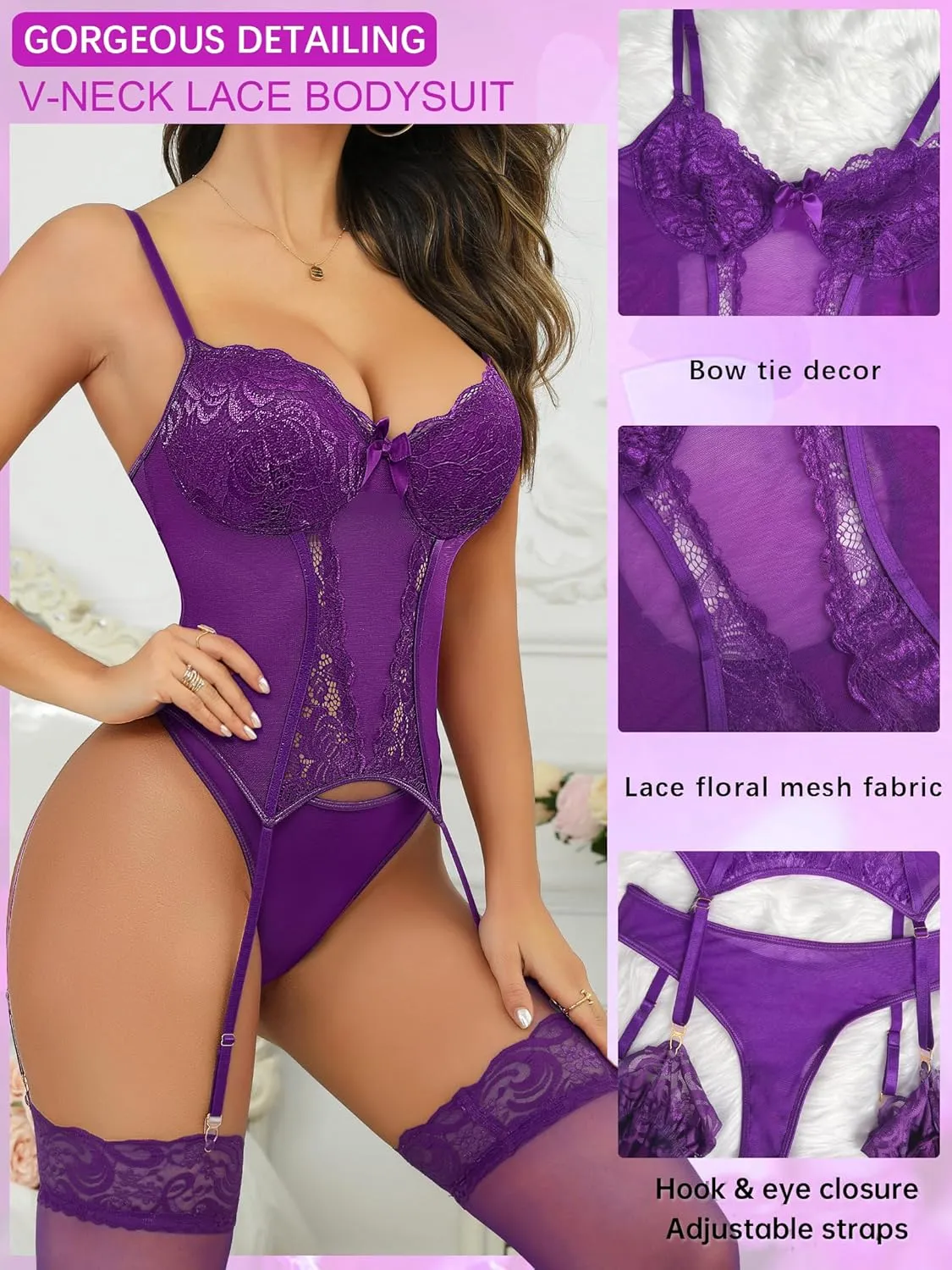 Women's Sexy Lingerie Set with Garter Belt Lace Bodysuit Teddy Baby Dolls Panty with Stockings