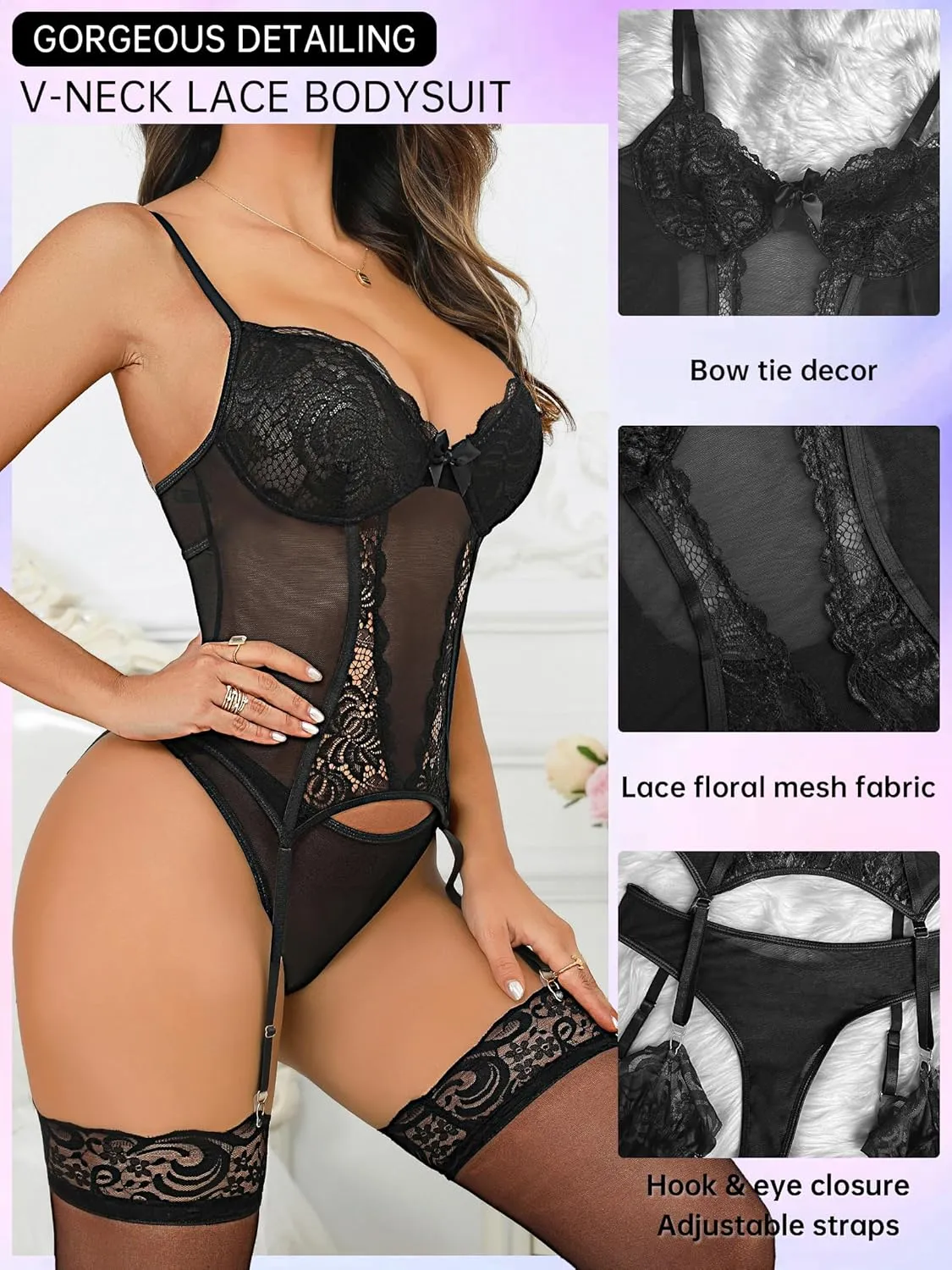 Women's Sexy Lingerie Set with Garter Belt Lace Bodysuit Teddy Baby Dolls Panty with Stockings