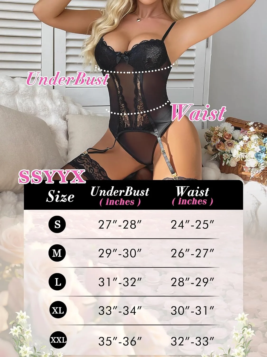 Women's Sexy Lingerie Set with Garter Belt Lace Bodysuit Teddy Baby Dolls Panty with Stockings