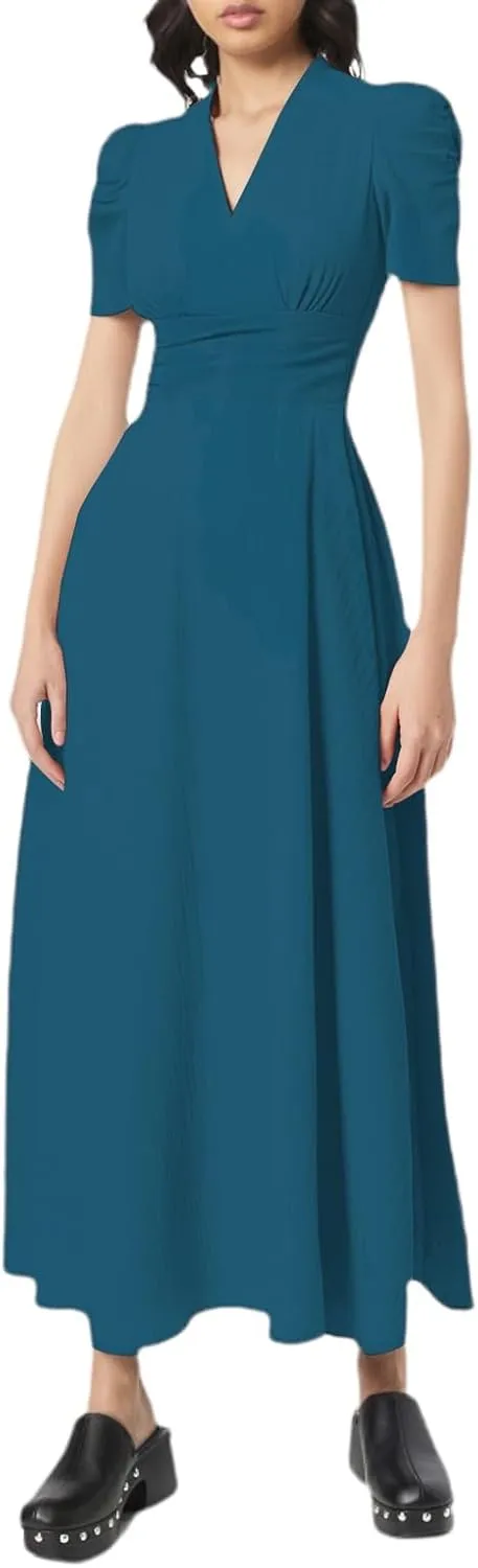 Women's Short Flutter Sleeve Dress High Waist V Neck Puff Sleeve Wedding Guest Pleated Formal Evening Maxi Dresses