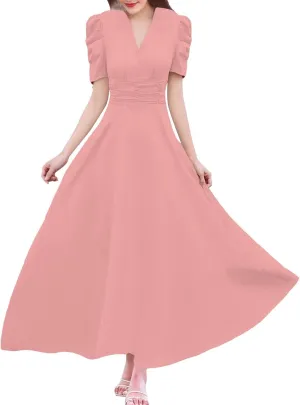 Women's Short Flutter Sleeve Dress High Waist V Neck Puff Sleeve Wedding Guest Pleated Formal Evening Maxi Dresses