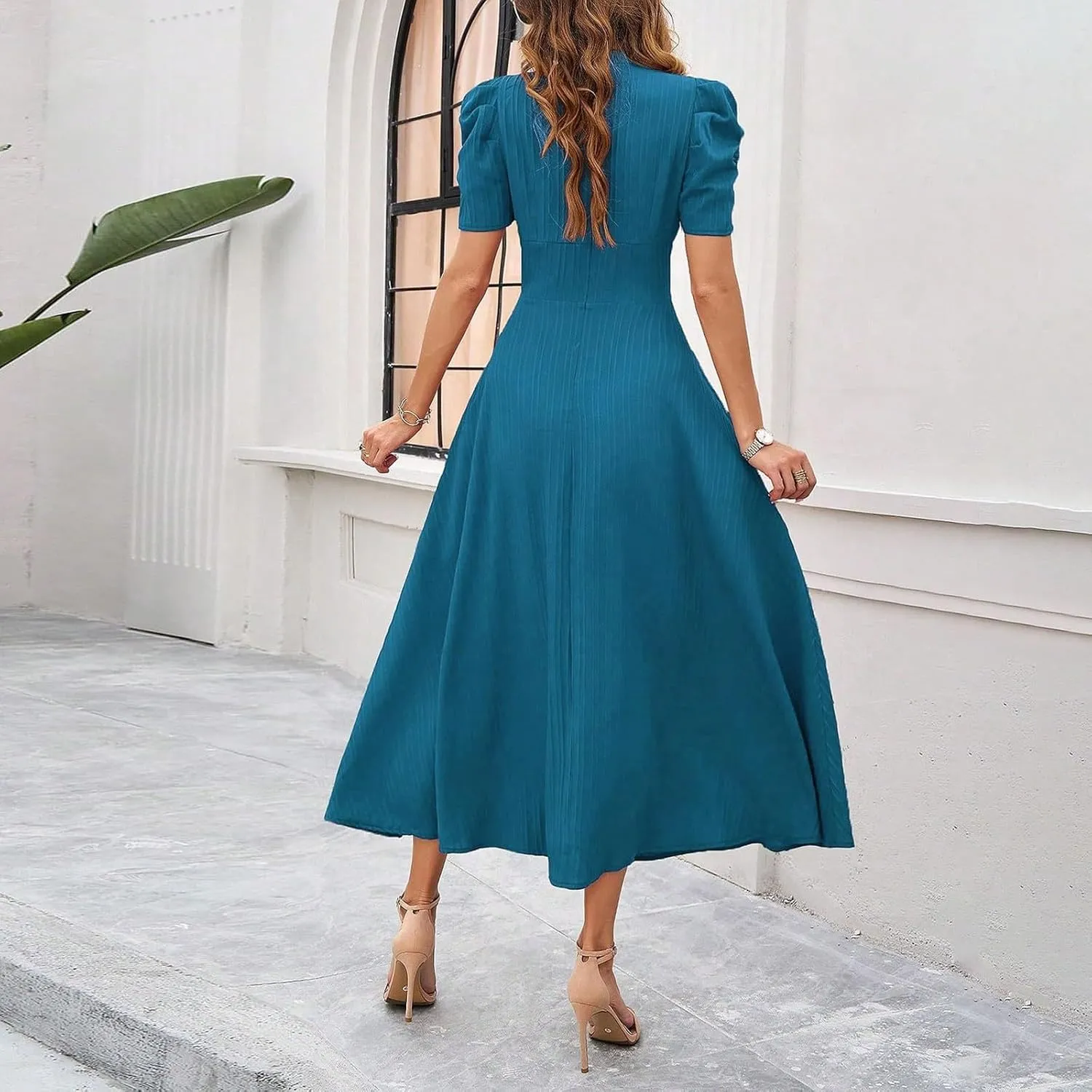 Women's Short Flutter Sleeve Dress High Waist V Neck Puff Sleeve Wedding Guest Pleated Formal Evening Maxi Dresses