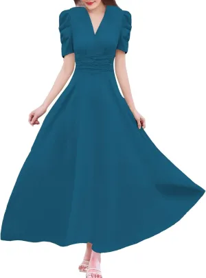 Women's Short Flutter Sleeve Dress High Waist V Neck Puff Sleeve Wedding Guest Pleated Formal Evening Maxi Dresses