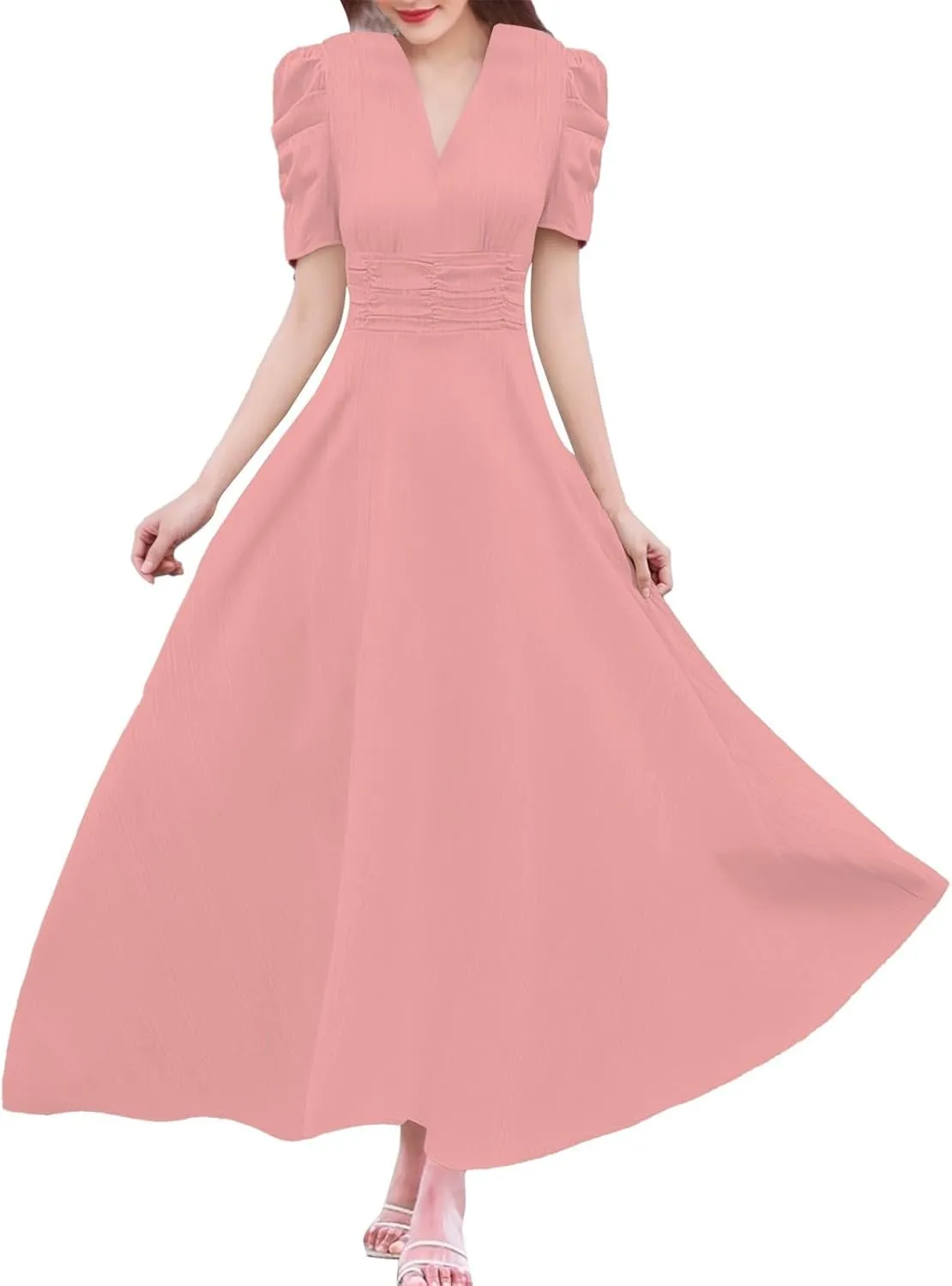 Women's Short Flutter Sleeve Dress High Waist V Neck Puff Sleeve Wedding Guest Pleated Formal Evening Maxi Dresses