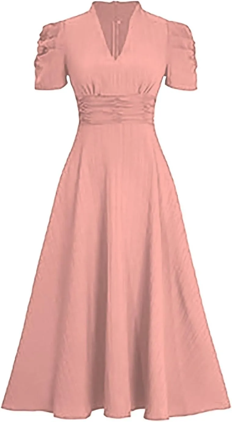 Women's Short Flutter Sleeve Dress High Waist V Neck Puff Sleeve Wedding Guest Pleated Formal Evening Maxi Dresses
