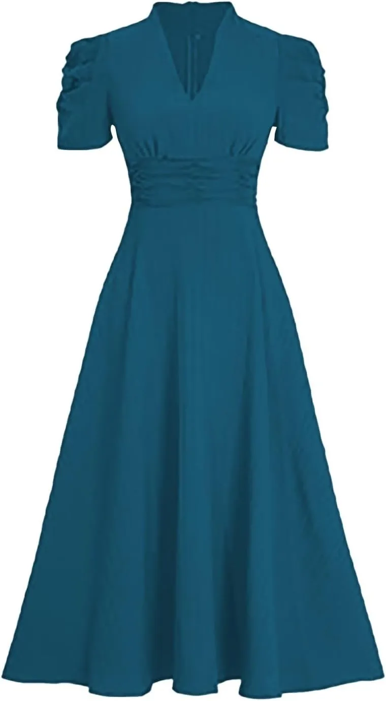 Women's Short Flutter Sleeve Dress High Waist V Neck Puff Sleeve Wedding Guest Pleated Formal Evening Maxi Dresses