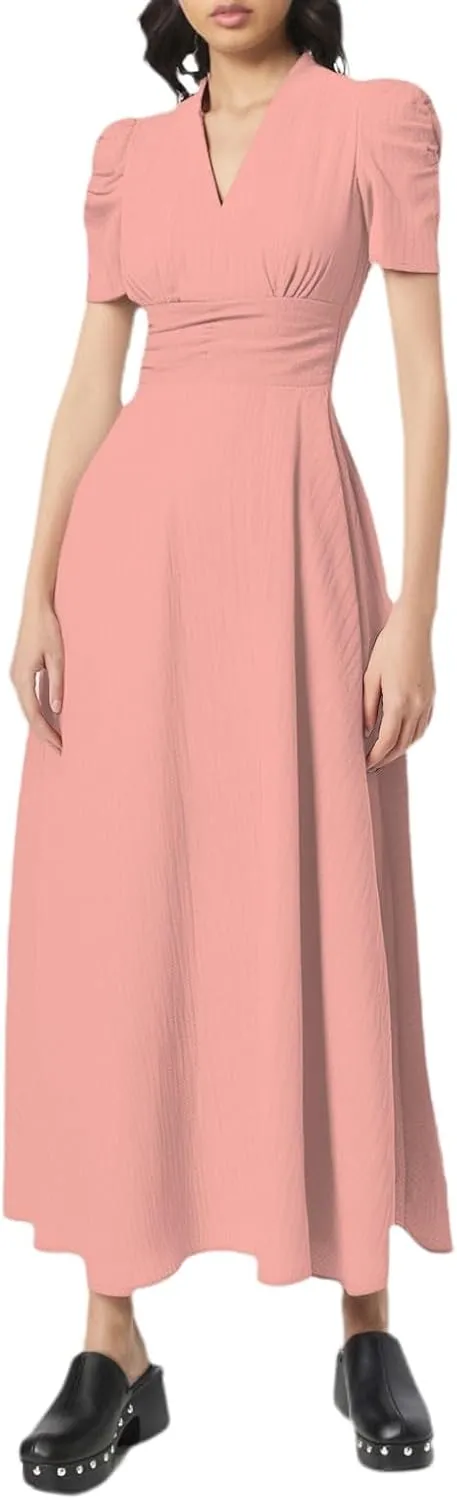 Women's Short Flutter Sleeve Dress High Waist V Neck Puff Sleeve Wedding Guest Pleated Formal Evening Maxi Dresses
