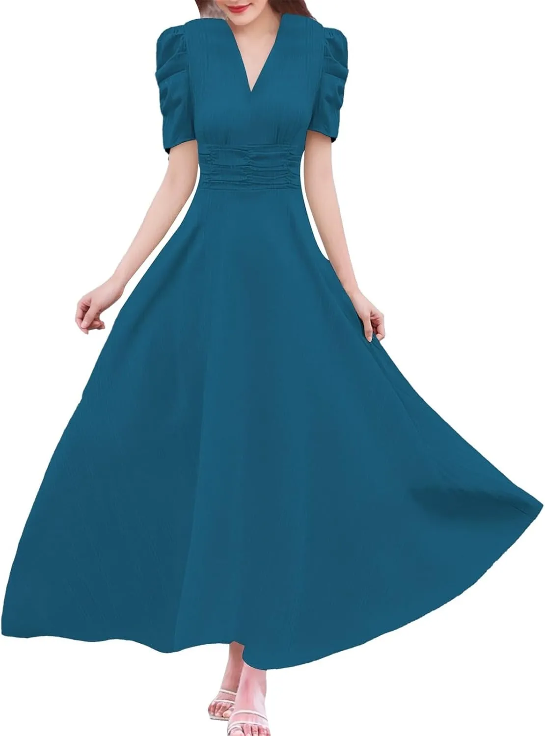 Women's Short Flutter Sleeve Dress High Waist V Neck Puff Sleeve Wedding Guest Pleated Formal Evening Maxi Dresses
