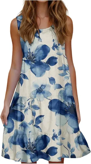 Womens Sleeveless Beach Dresses Loose Swimsuit Cover Ups Vacation Dresses Floral Swing Mini Dress Flowy Dresses