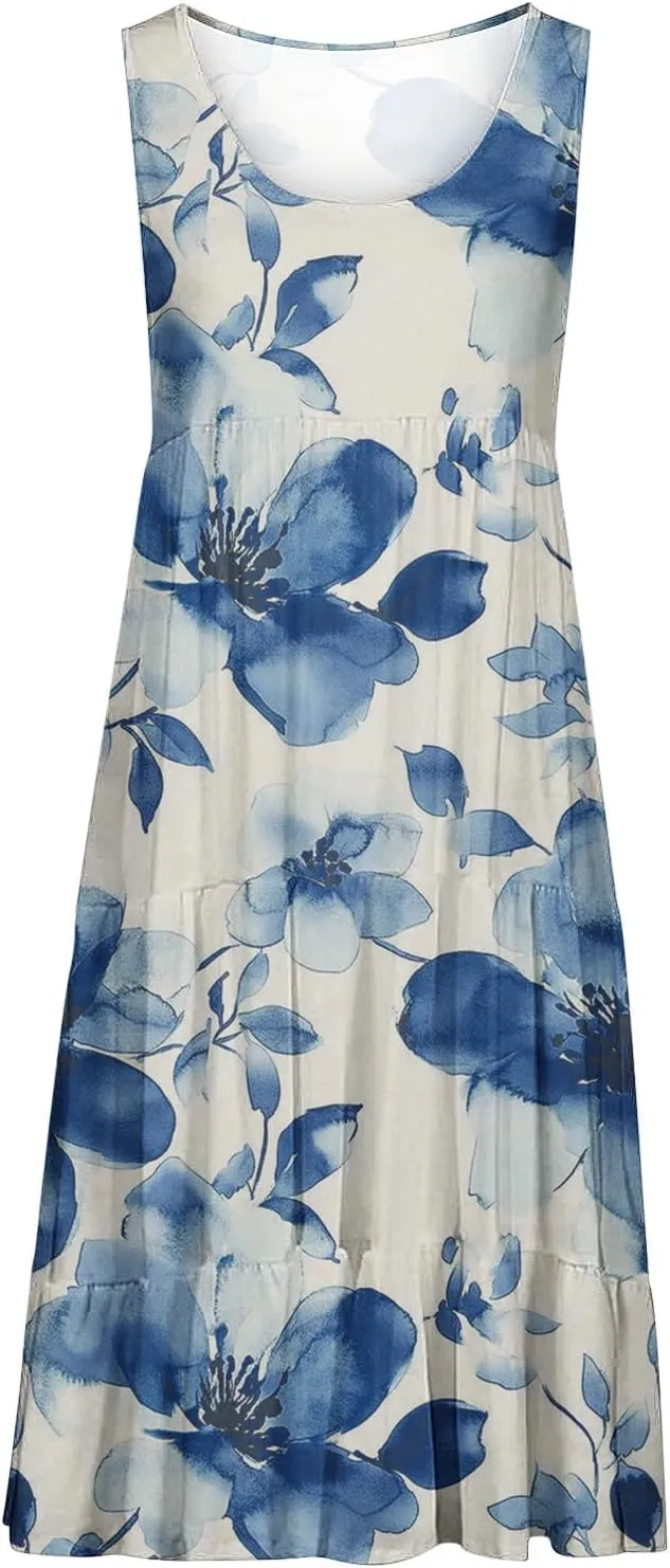 Womens Sleeveless Beach Dresses Loose Swimsuit Cover Ups Vacation Dresses Floral Swing Mini Dress Flowy Dresses