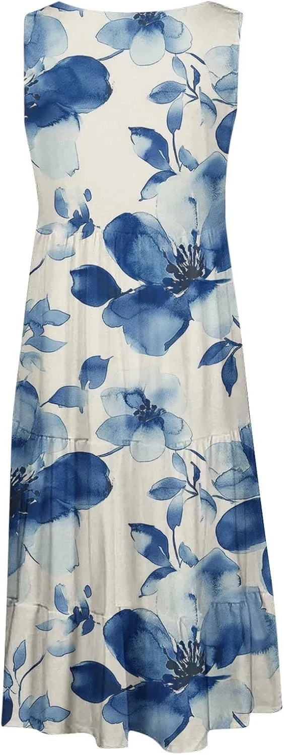 Womens Sleeveless Beach Dresses Loose Swimsuit Cover Ups Vacation Dresses Floral Swing Mini Dress Flowy Dresses