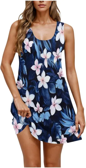Women's Sleeveless Beach Dresses Trendy Swimsuit Cover Ups Vacation Dresses Floral Flowy Mini Dress Swing Dresses