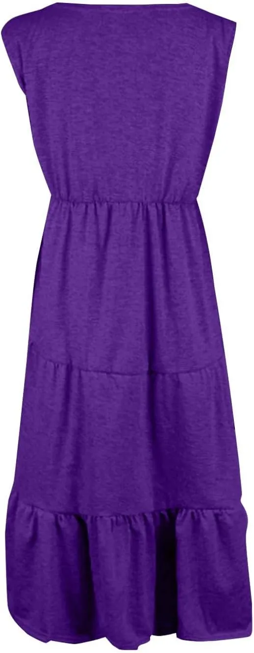 Women's Summer Casual Sleeveless Swing Sundress Boho Flowy Ruffle Tiered Maxi Dress with Pockets