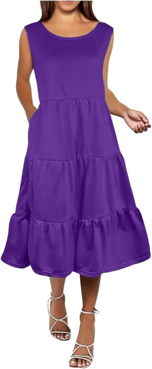 Women's Summer Casual Sleeveless Swing Sundress Boho Flowy Ruffle Tiered Maxi Dress with Pockets