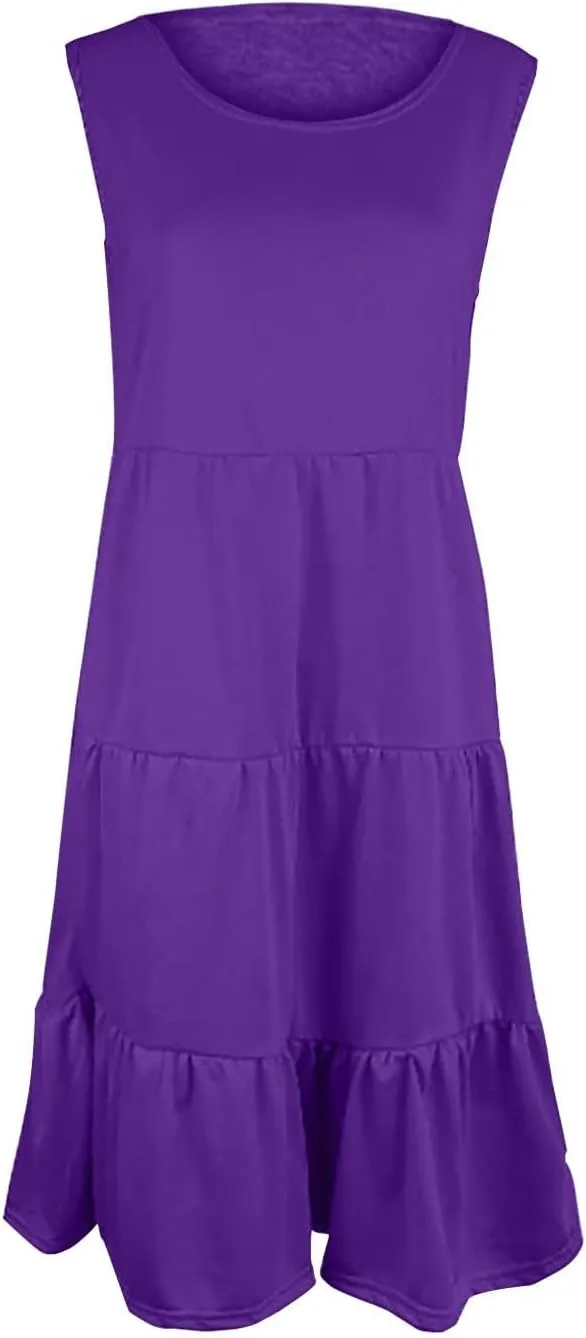 Women's Summer Casual Sleeveless Swing Sundress Boho Flowy Ruffle Tiered Maxi Dress with Pockets