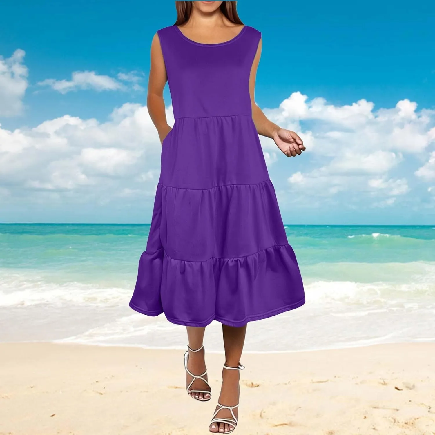 Women's Summer Casual Sleeveless Swing Sundress Boho Flowy Ruffle Tiered Maxi Dress with Pockets