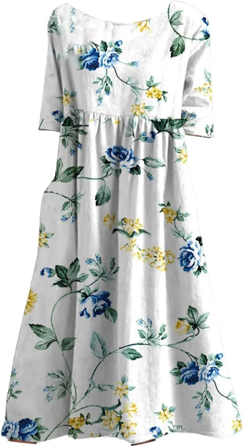 Women's Summer Dresses 2025 Short Sleeve Crew Neck Holiday Casual Dress Loose Boho Flowy Sundress with Pockets