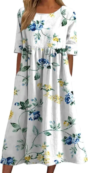 Women's Summer Dresses 2025 Short Sleeve Crew Neck Holiday Casual Dress Loose Boho Flowy Sundress with Pockets
