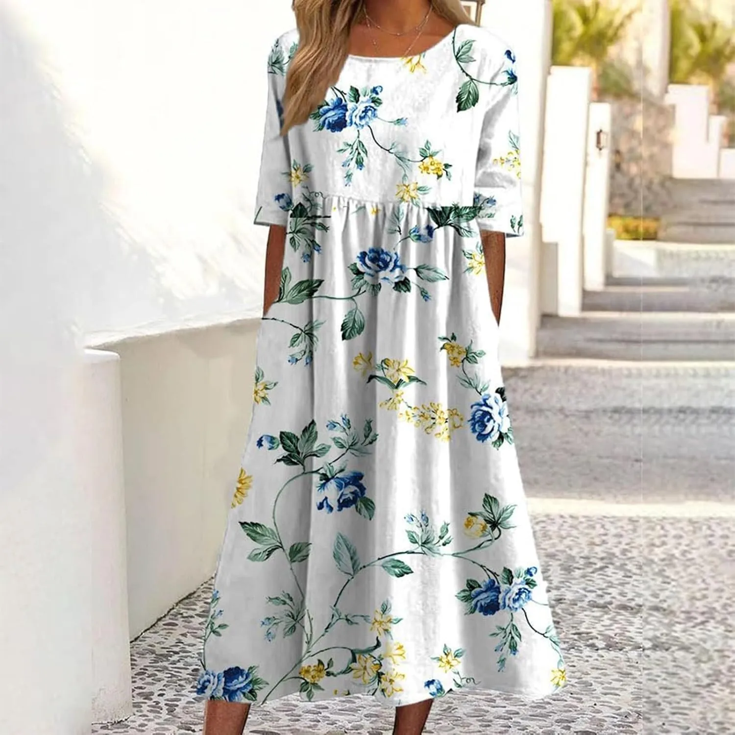 Women's Summer Dresses 2025 Short Sleeve Crew Neck Holiday Casual Dress Loose Boho Flowy Sundress with Pockets