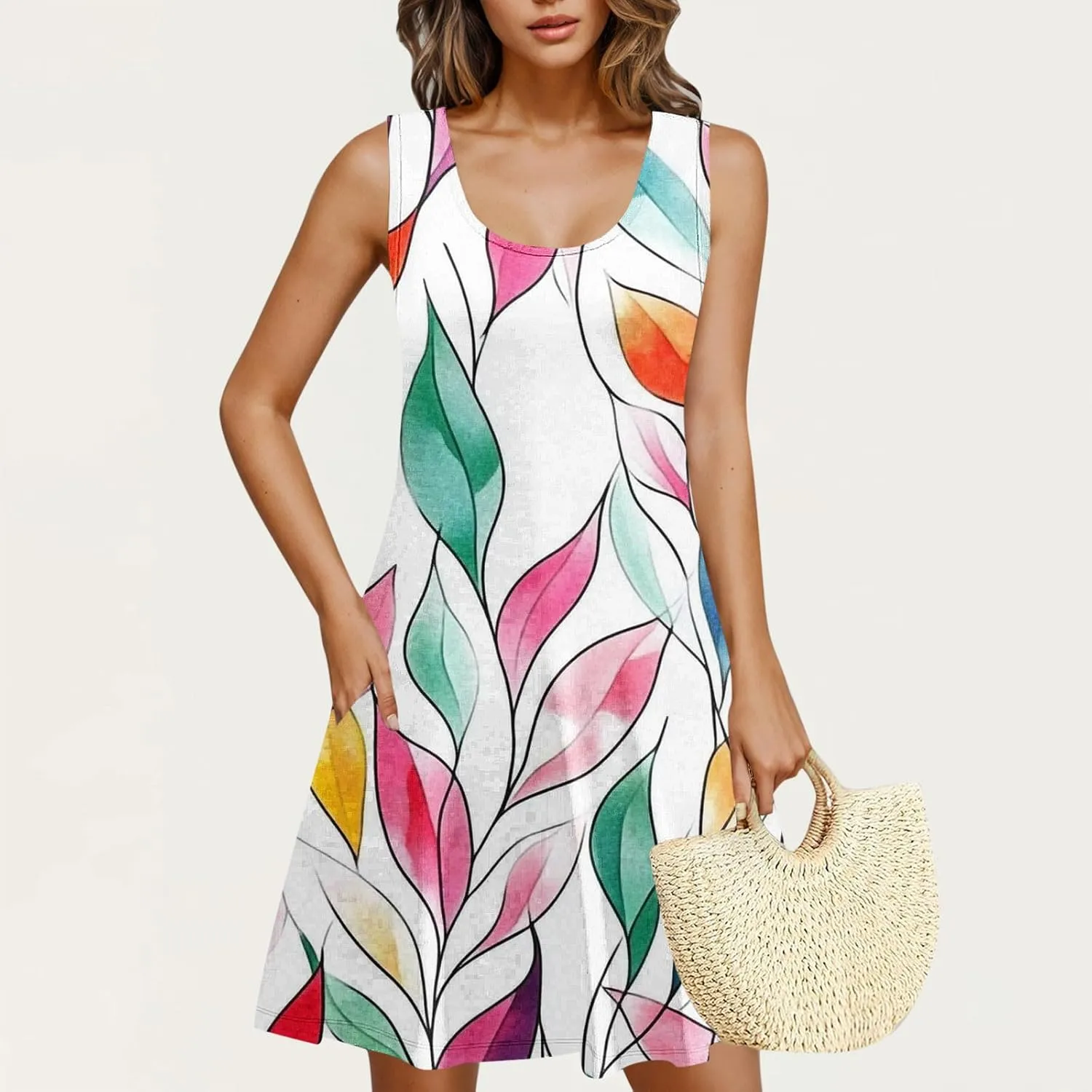Womens Summer Dresses 2025 Trendy Crewneck Sleeveless Midi Dresses Casual Printed Vacation Boho Floral Dresses