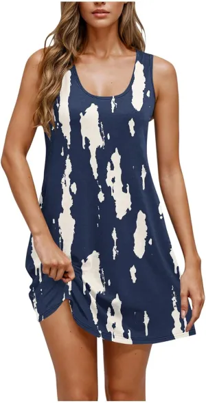 Womens Summer Dresses 2025 Trendy Crewneck Sleeveless Midi Dresses Casual Printed Vacation Boho Floral Dresses