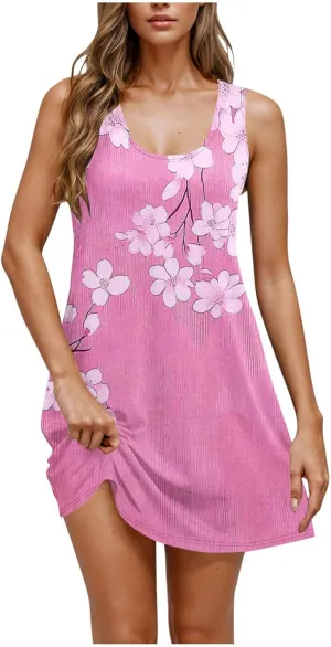 Womens Summer Dresses 2025 Trendy Crewneck Sleeveless Midi Dresses Casual Printed Vacation Boho Floral Dresses