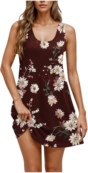 Womens Summer Dresses 2025 Trendy Crewneck Sleeveless Midi Dresses Casual Printed Vacation Boho Floral Dresses