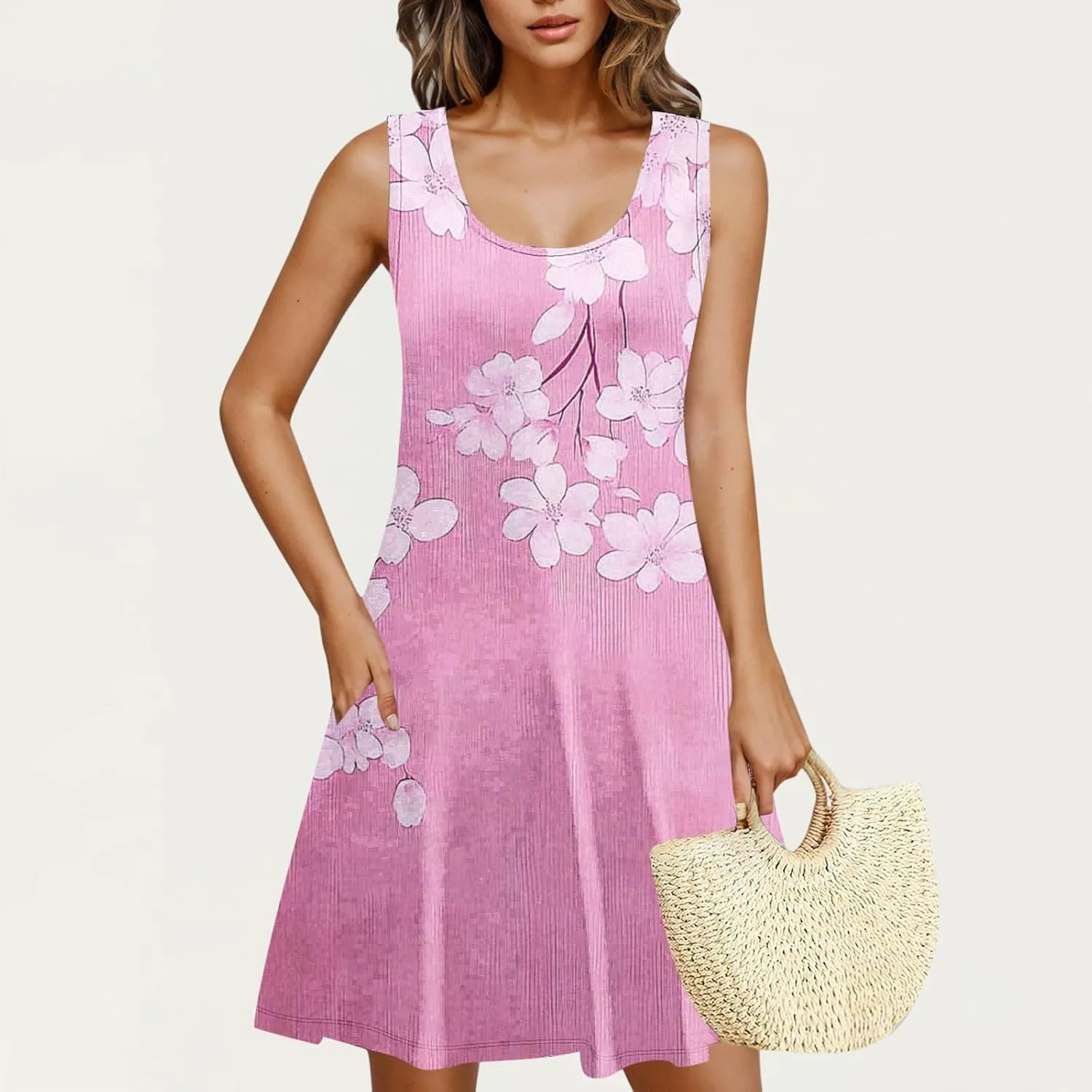 Womens Summer Dresses 2025 Trendy Crewneck Sleeveless Midi Dresses Casual Printed Vacation Boho Floral Dresses