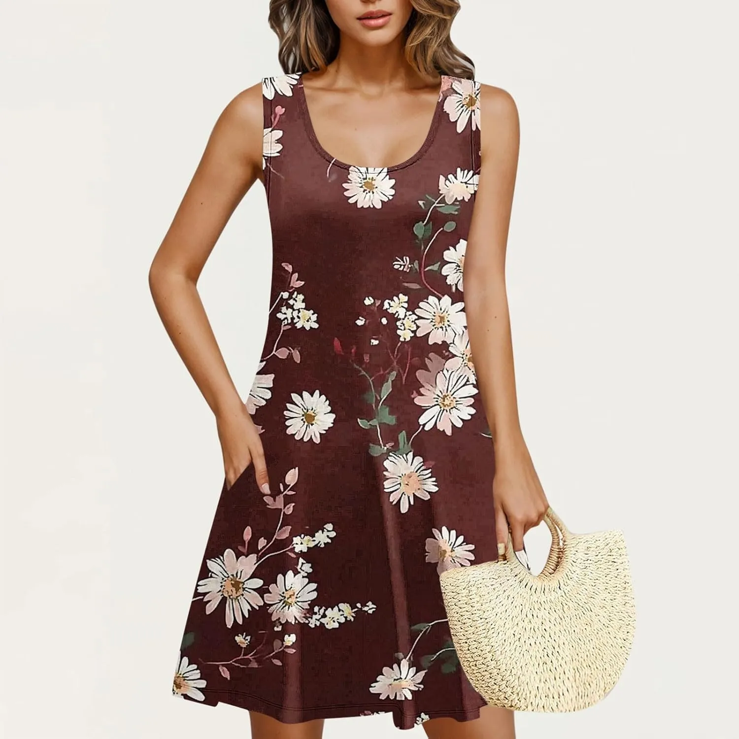 Womens Summer Dresses 2025 Trendy Crewneck Sleeveless Midi Dresses Casual Printed Vacation Boho Floral Dresses