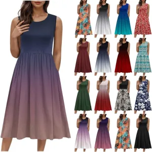 Womens Summer Dresses Colorful Flower Graphic Midi Dresses Vintage Casual Trendy A Line Tank Dresses