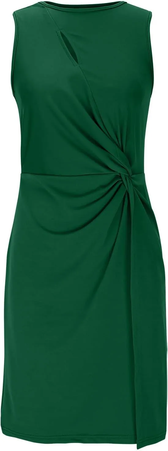 Womens Summer Dresses Sleeveless Crew Neck Dresses Hollow Out T Shirt Dresses Fashion Pleated Party Dresses
