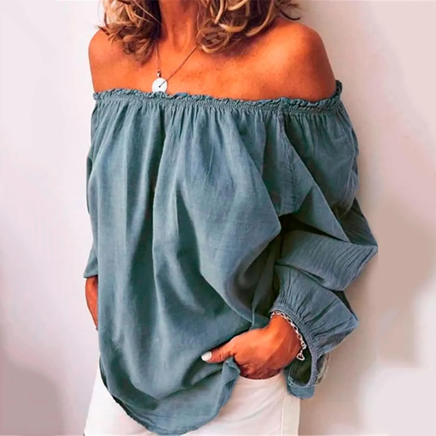 Women's Summer Off Shoulder Blouses Short Sleeves Sexy Tops Chiffon Ruffles Casual T Shirt Linen Tops