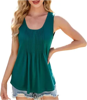 Women's Summer Tank Tops Casual Sleeveless Crew Neck Pleated Flowy Tee Shirts Summer Loose Fit Boho Tunic Blouse