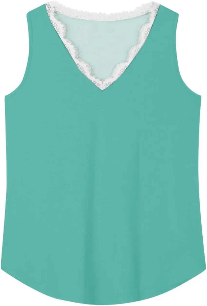 Womens Summer Tank Tops Loose Fit Lace V Neck Sleeveless Tunic Tops Dressy Casual Flowy Shirts