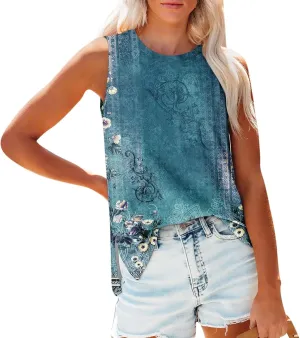 Womens Summer Tank Tops Side Slit Round Neck Sleeveless Tops for Women Solid Color Casual Flowy T Shirt