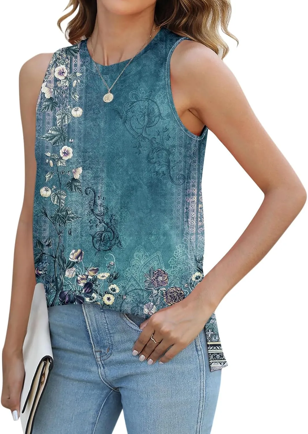 Womens Summer Tank Tops Side Slit Round Neck Sleeveless Tops for Women Solid Color Casual Flowy T Shirt