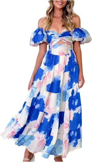 Womens Summer Vacation Dresses 2024 Trendy Bohemian Dresses Casual Long Maxi Dress Sexy Strapless Dresses