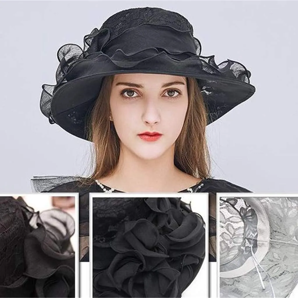 Womens Sun Hats Summer Wide Brim Flower Bucket Hat Elegant Lace Beach Holiday Hats Party Bridal Dress Hats