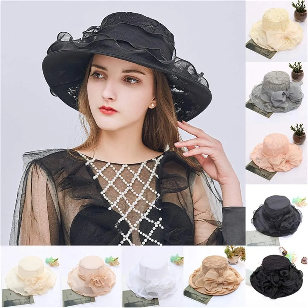 Womens Sun Hats Summer Wide Brim Flower Bucket Hat Elegant Lace Beach Holiday Hats Party Bridal Dress Hats